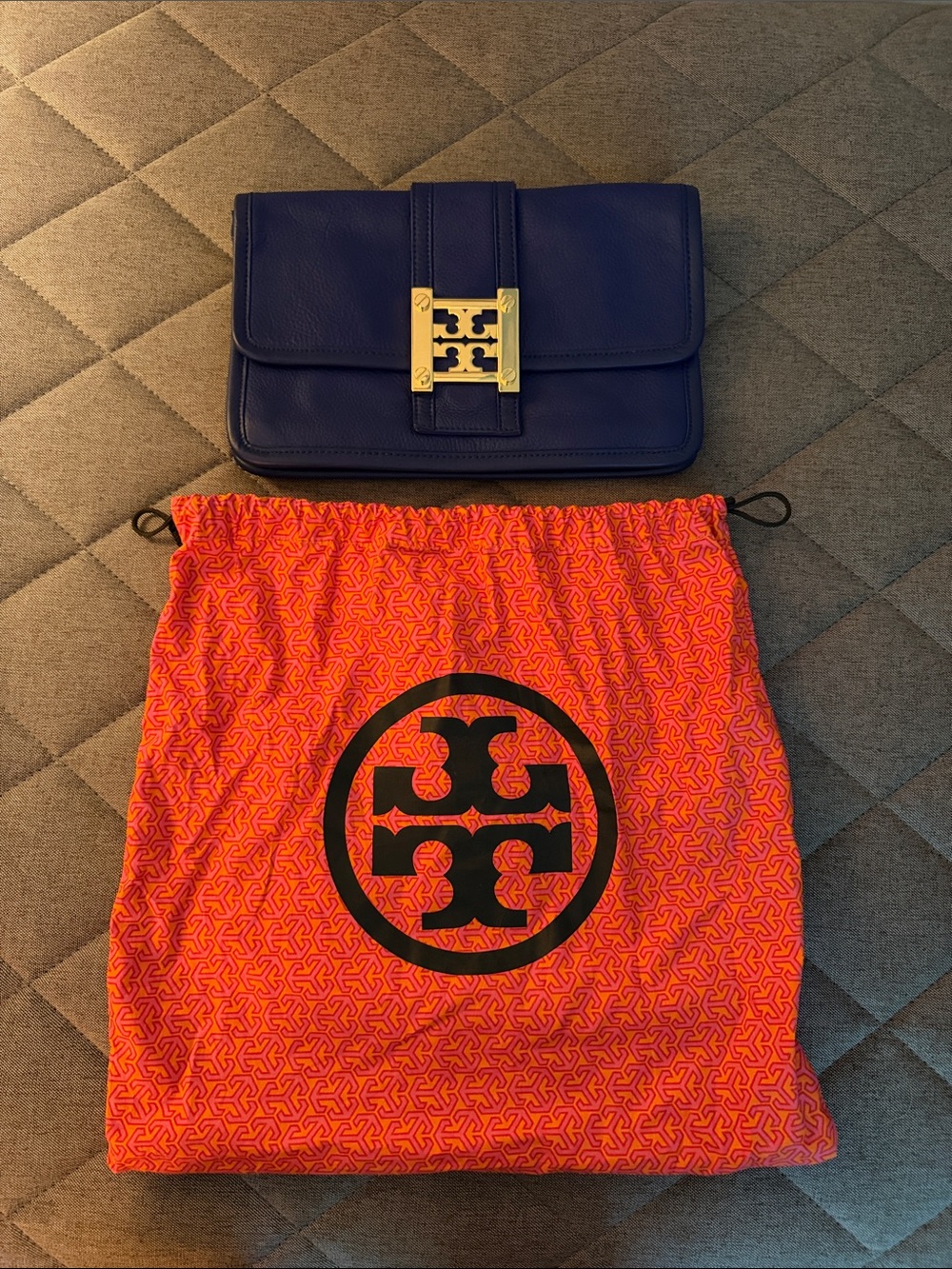 Tory Burch Royal Blue Leather Clutch with Gold Logo Hardware